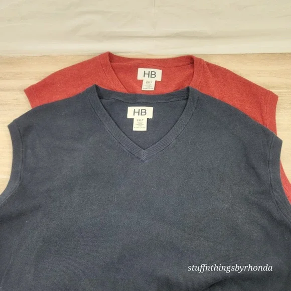 2 HB Harbor Bay Men's V Neck Cotton Sweater Vests, Size 2XL TALL ~‎ Navy & Wine - Picture 2 of 9